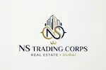 Luxury real estate logo for NS Trading Corps featuring a stylized 'NS' monogram integrated with a gold and navy skyline silhouette and a compass rose, representing property trading in Dubai.