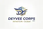 Dynamic aviation logo for Deyvee Corps LLC featuring a stylized eagle or bird wing integrated with a 'D', set against a globe and compass rose icon in navy blue and gold.