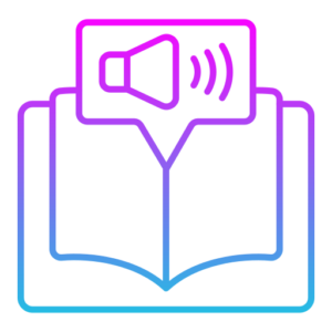 A line-art icon featuring an open book with a speech bubble containing a speaker symbol, rendered in a magenta-to-cyan gradient.