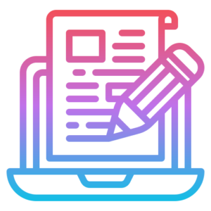 A modern line-art icon featuring a laptop screen with a digital document and a large pencil, rendered in a vibrant red-to-purple-to-blue gradient.