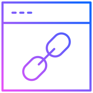 A clean line-art icon showing a browser window with a link or chain-link symbol in the center, featuring a vibrant cyan-to-purple gradient.