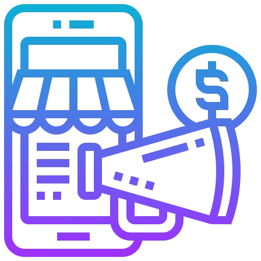 A linear gradient icon in blue and purple featuring a smartphone with a storefront awning, a megaphone, and a dollar sign coin.
